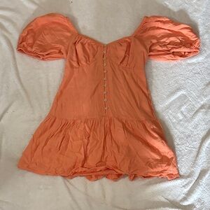 Coral stretchy Puff Sleeve Button Front Mini Dress